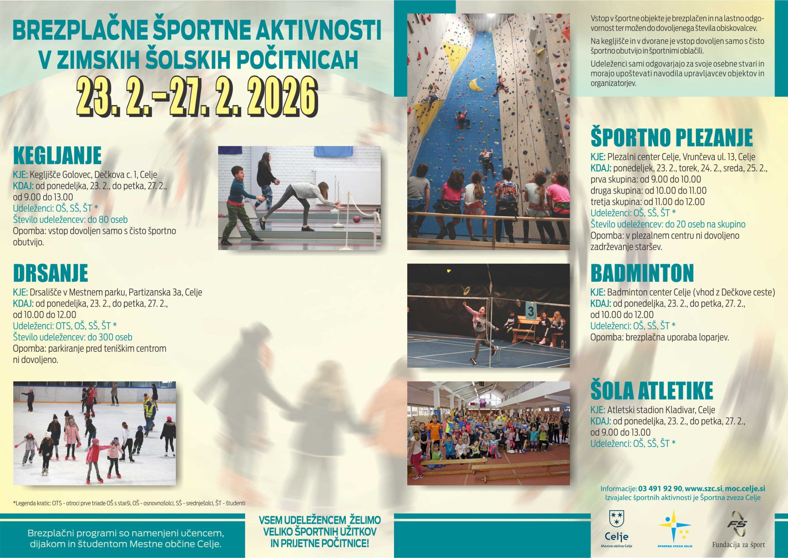 Brezplačne športne aktivnosti v zimskih počitnicah v Celju